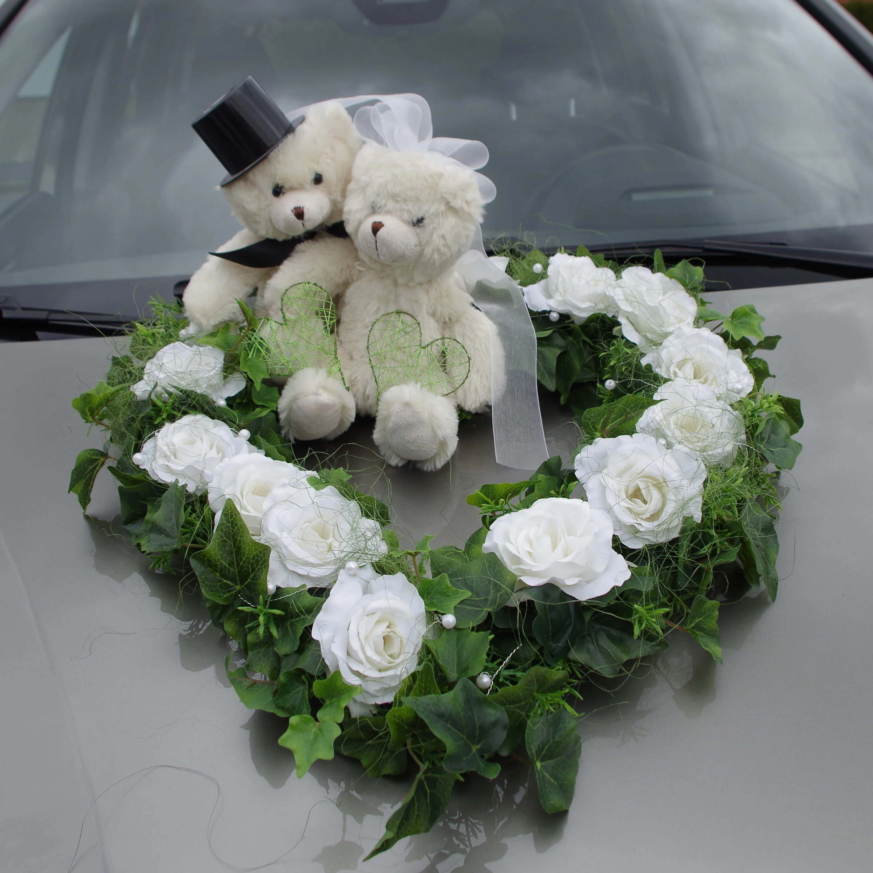 Brautauto Deko: offenes Autoherz, Thema Bärenhochzeit, verschiedene Farben